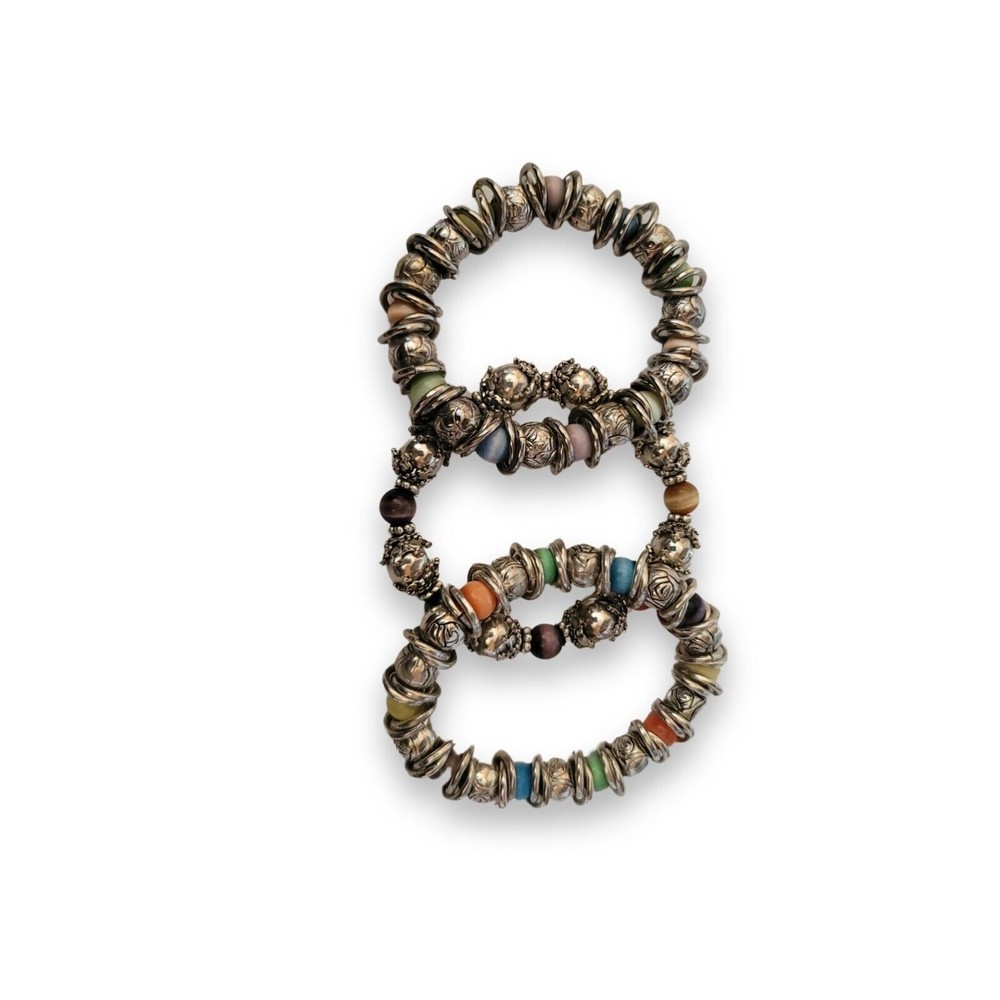 3 Muti-Color Tiger's Eye Beads with Silvertone flower beads Bracelets